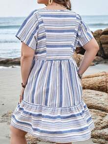 EMERY ROSE 大碼女士夏季條紋短袖娃娃連衣裙 - 藍白色 - 查看 2