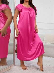 LuxeNights Plus Size Square Neckline Pajama Night Dress With Ruffle Trim Detail, Moo Moo - Hot Pink - View 6
