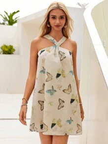 Aveloria Butterfly Printed Sleeveless Halter Neck Dress