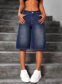 SHEIN ICON Loose Fit Straight Leg Washed Denim Shorts - Dark Wash - View 5