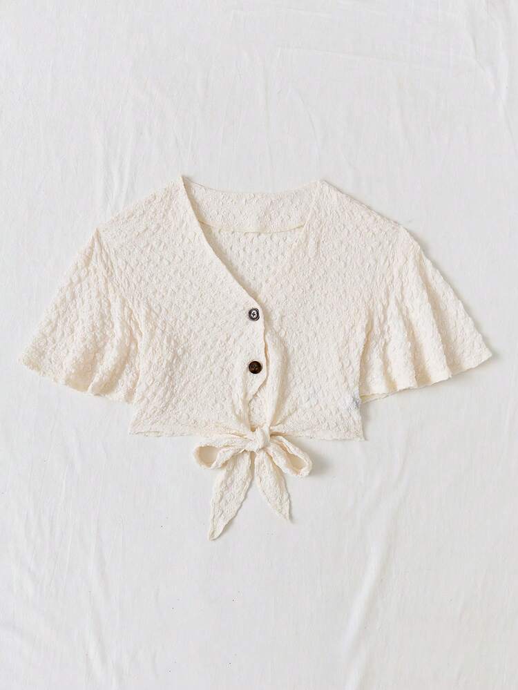 Ladies' Summer Beach Solid Textured Crop Top With Front Tie And Umbrella Sleeves For Casual, Vacation