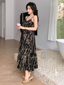 DAZY 女式全印花荷叶边下摆细肩带连衣裙夏季太阳裙，休闲女式连衣裙