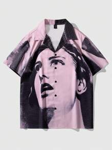 ROMWE MEN Street Life Męski Portret Nadruk Krótki Rękaw Koszula - Wielokolorowe - Zobacz 1