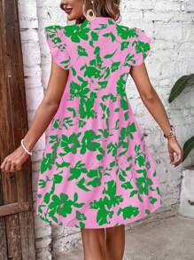 SHEIN LUNE Women's Vacation Style Floral Print Cap Sleeve V-Neck Dress - Baby Pink - View 2
