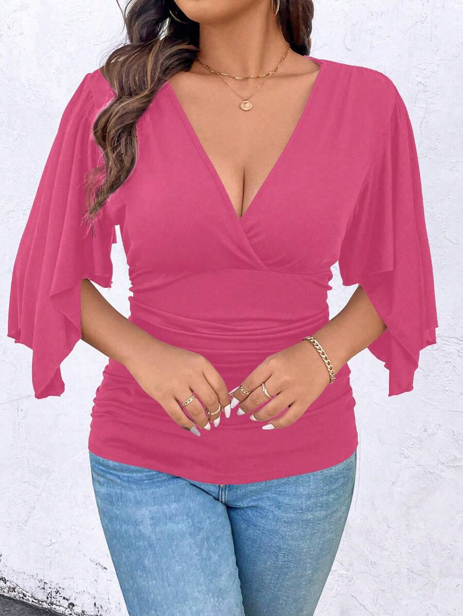 SHEIN Clasi Kích thước lớn Màu thuần Cổ chữ V Áo choàng Tay áo Xù Áo thun - Màu Hồng Tươi - Xem 1