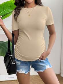 SHEIN 孕妇休闲纯色褶皱修身 T 恤 - 杏色 - 查看 3