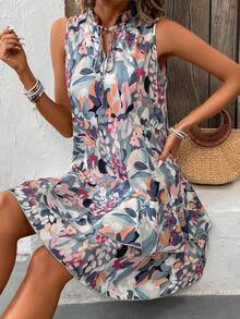 SHEIN LUNE Đầm không tay in hoa, viền bèo nhún, có dây buộc eo dành cho nữ, thích hợp cho kỳ nghỉ biển. - Nhiều màu - Xem 6