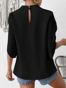 SHEIN Clasi 纯色立领褶裥花瓣袖衬衫 - 黑色 - 查看 2
