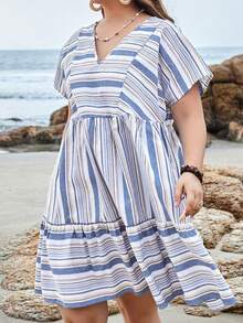 EMERY ROSE 大碼女士夏季條紋短袖娃娃連衣裙 - 藍白色 - 查看 3