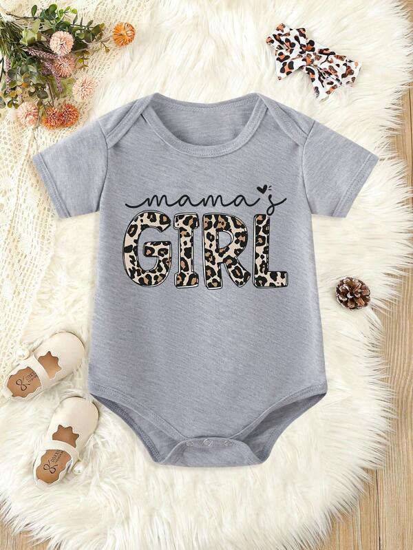 Baby Girl Leopard Print Letter Printed Short Sleeve Bodysuit