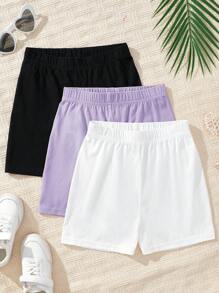 SHEIN Bộ quần short đơn giản dệt kim 3 món cho bé gái tuổi mới lớn mùa xuân/hè - Màu tím - Xem 2