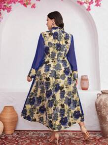 Mulvari Plus Size Floral Patchwork Print Tie Waist Long Sleeve Dress - Blue - View 2