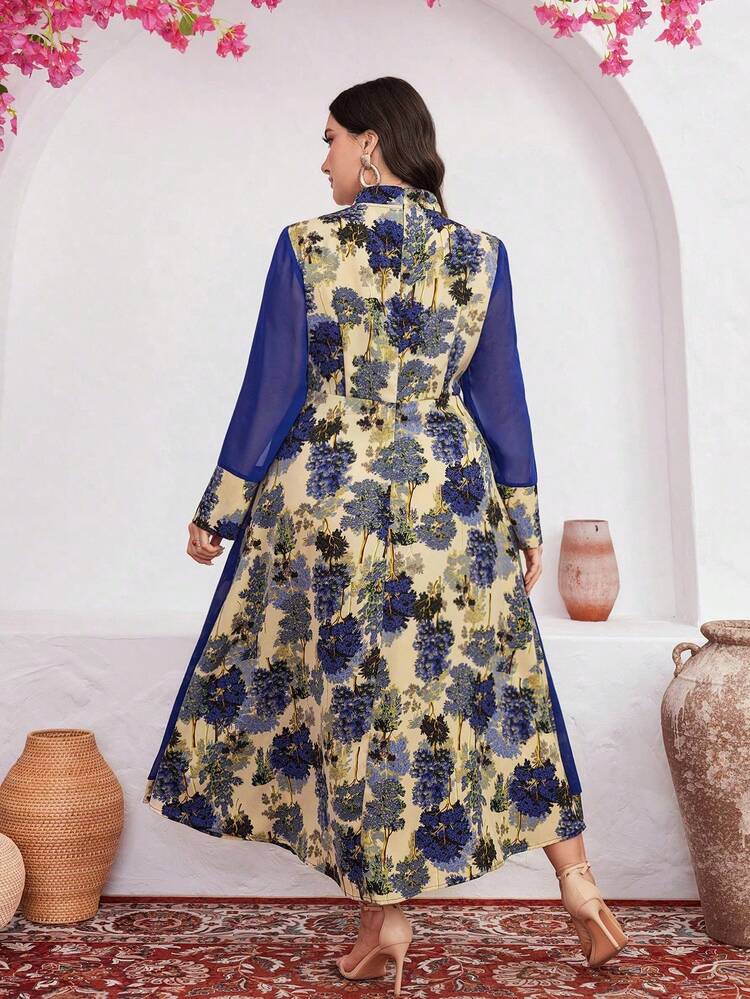 Plus Size Floral Patchwork Print Tie Waist Long Sleeve Dress
