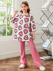 SHEIN Leap Crew 少女輕鬆愛心印花短袖T恤+實色喇叭褲針織套裝2件裝 - 粉色 - 查看 5