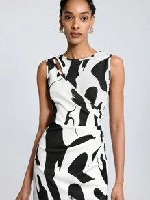 Maija Women's Sleeveless Round Neck Printed Dress - Black and White - View 7