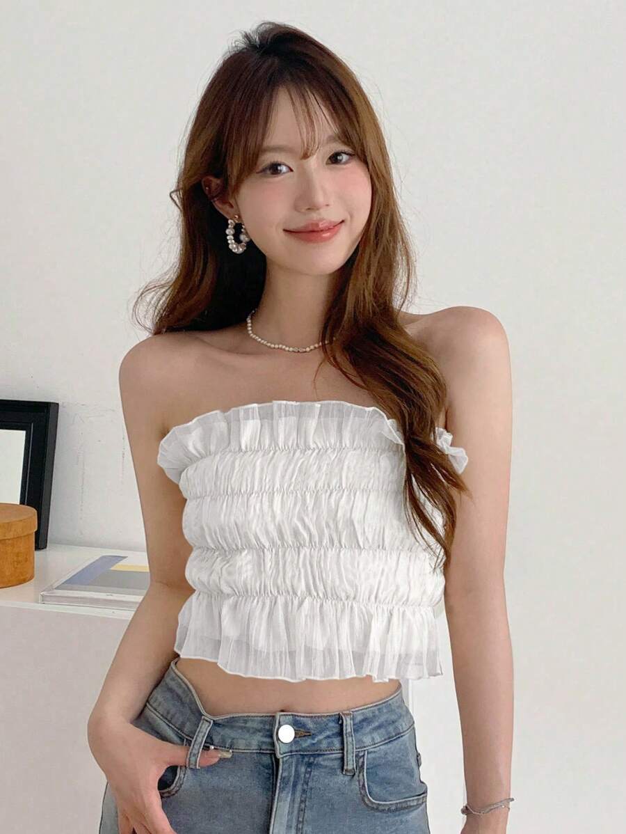 DAZY 女士荷叶边装饰抹胸上衣 - 白色 - 查看 1