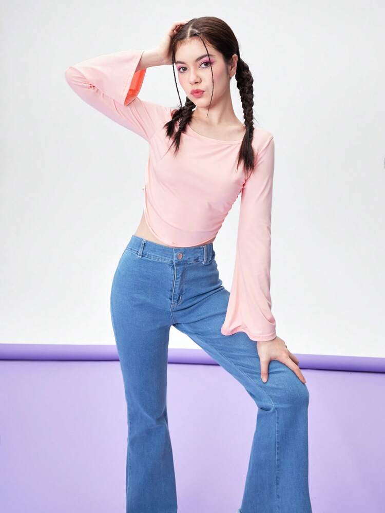 Teen Girl Casual, Comfortable And Simple Ruffle Solid Color Bell Sleeve Top And Pants Set