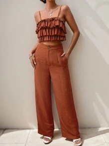 Calvaya Completo da donna composto da top a canotta con balze e pantaloni, tinta unita