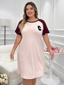 Plus Size Color Block Letter Embroidery Raglan Sleeve Nightgown - Pink - View 6