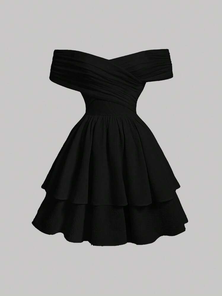 SHEIN Girlism Vestido de princesa elegante y casual de fiesta con hombros descubiertos y tirantes finos para niñas preadolescentes - Negro - Añade 1