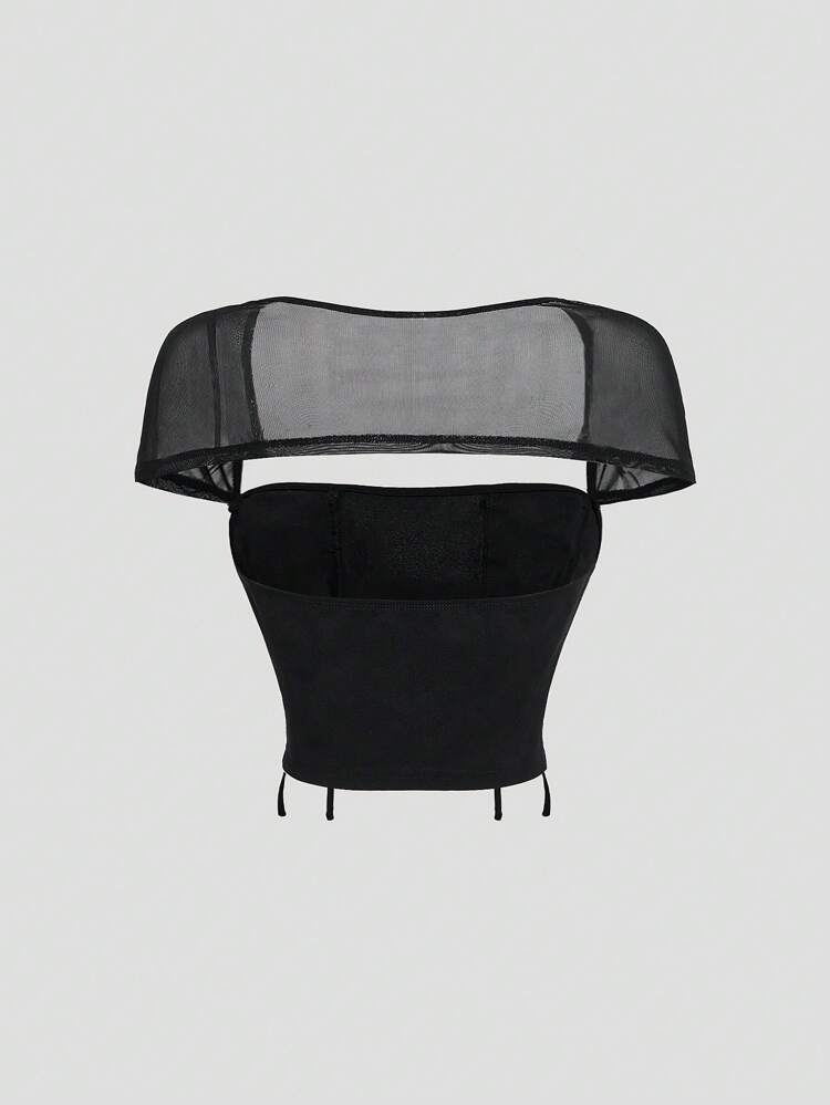 Black Knitted & Mesh Contrast Backless Top With Strap For Women