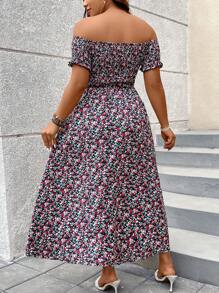 SHEIN Holidaya 大碼花卉印花露肩高斜裁剪束腰連身裙 - 彩色 - 查看 2