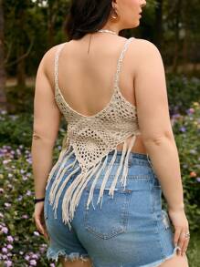 SHEIN VCAY Plus Size Crochet Halter Neck Knitted Top With Fringe Hem For Vacation