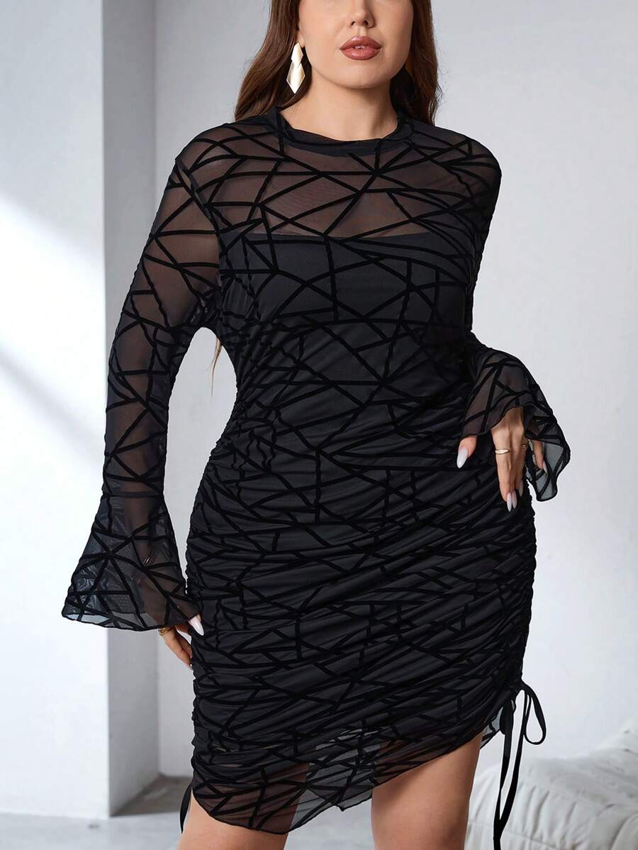 SHEIN Privé Plus Size Elegant One Shoulder Drawstring Ruched Velvet Mesh Fitted Short Flare Sleeve Party Dress, Spring - Black - View 1