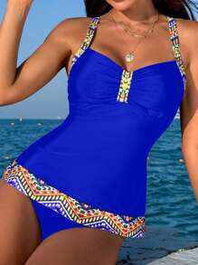 SHEIN Swim Summer Women's Patchwork Printed Ruched Tankini Swimwear Set - Royal Blue - View 4