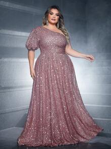 Plus Size Women's Elegant Brown One Shoulder Evening Dress - Brown - View 3