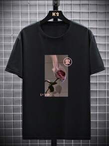 Nam Quá lớn In Hoa hồng Thả vai Áo thun - màu đen - Xem 3