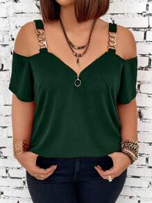 SHEIN LUNE Plus Size Women's Fashionable Summer Cold Shoulder T-Shirt With Metallic Chain Strap - Dark Green - View 3