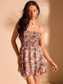 Forever 21 Geometric Pattern Printed Asymmetric Hem Spaghetti Strap Dress, Perfect For Vacation - Khaki - View 4