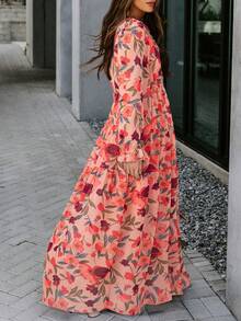 Nữ Casual Họa Tiết Hoa Cổ V Sâu Dài Tay Xù Viền Tối Cocktail Áo Dài - Đỏ - Xem 3