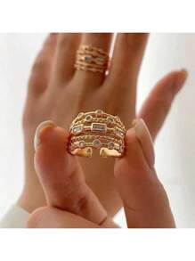 1pc Fashionable Cubic Zirconia Decor Round Shaped Open Ring Suitable For Women's Daily Wear - Yellow Gold - View 1