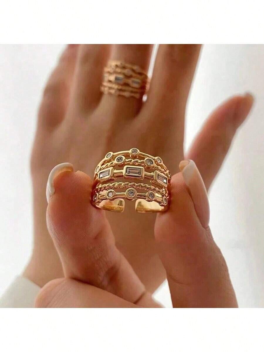 1pc Fashionable Cubic Zirconia Decor Round Shaped Open Ring Suitable For Women's Daily Wear - Yellow Gold - View 1