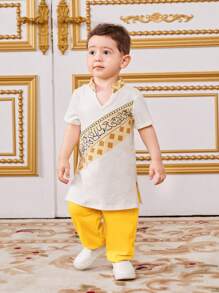 SHEIN Baby Boys' Geometric Pattern Notched Collar Short Sleeve Top And Solid Color Cuffed Pants 2pcs Set - Yellow - View 1