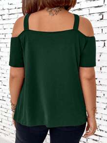 SHEIN LUNE Plus Size Women's Fashionable Summer Cold Shoulder T-Shirt With Metallic Chain Strap - Dark Green - View 2