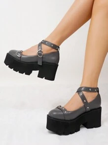 新春夏季經典高端灰色時尚珍鞋,配有心形扣和交叉帶 - 灰色 - 查看 3