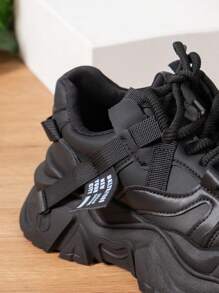 Women's Casual Sports Shoes, Thick Sole, Black Chunky Sneakers, All Seasons - Black - View 6