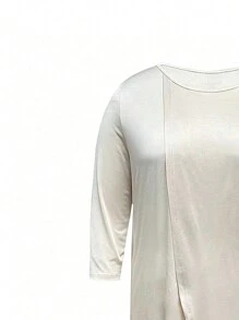 SHEIN LUNE Plus Size Women's Solid Color Round Neck Split Hem Top And Pants Two Pieces Set - Apricot - View 3