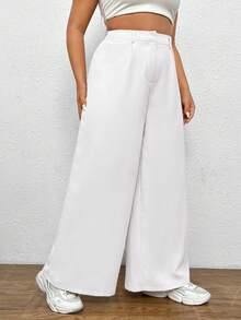 SHEIN EZwear Pantalones De Pierna Ancha Con Color Sólido De Talla Grande - Blanco - Ver 6