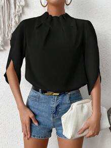 SHEIN Clasi 纯色立领褶裥花瓣袖衬衫 - 黑色 - 查看 4