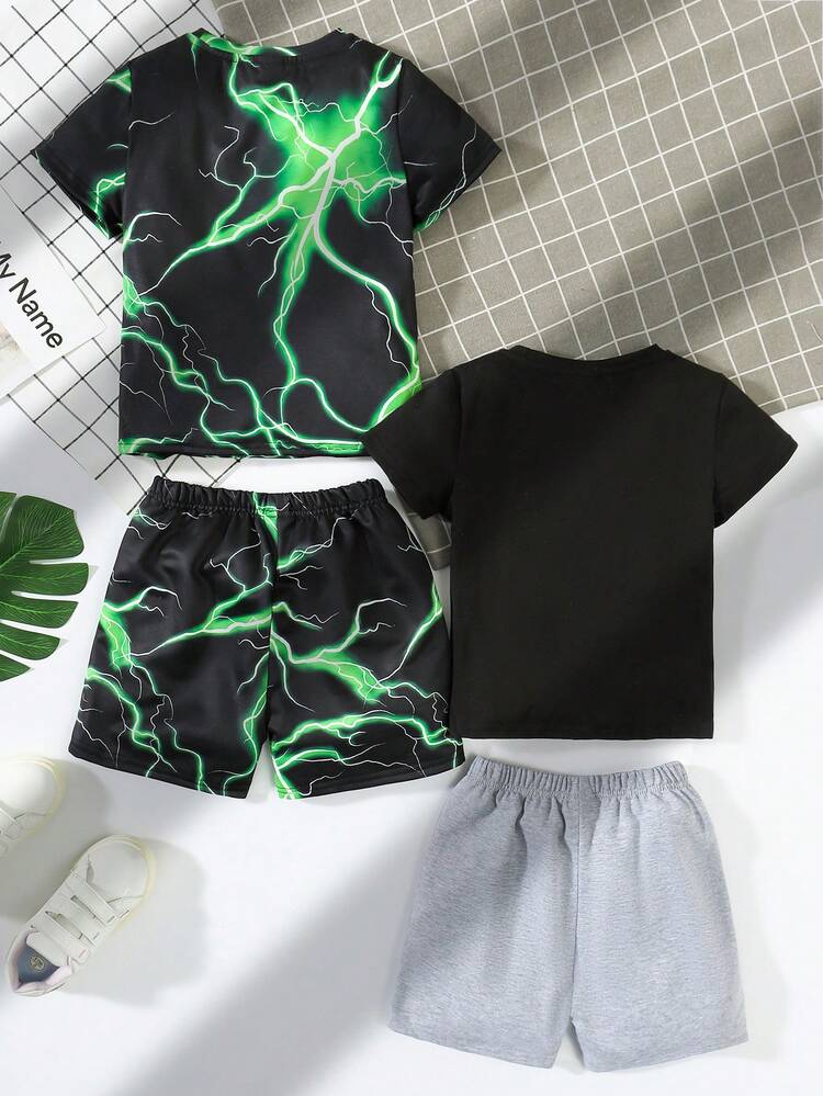 Young Boy 4pcs/Set Casual Video Game Pattern Short Sleeve Top And Shorts With Lightning Game Controller Pattern Short Sleeve Shirt And Shorts