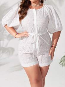 SHEIN Holidaya 大尺碼純色空心刺繡泡泡袖連帶束腰連身褲 - 白色 - 查看 5
