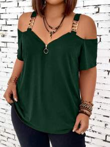 SHEIN LUNE Plus Size Women's Fashionable Summer Cold Shoulder T-Shirt With Metallic Chain Strap - Dark Green - View 4