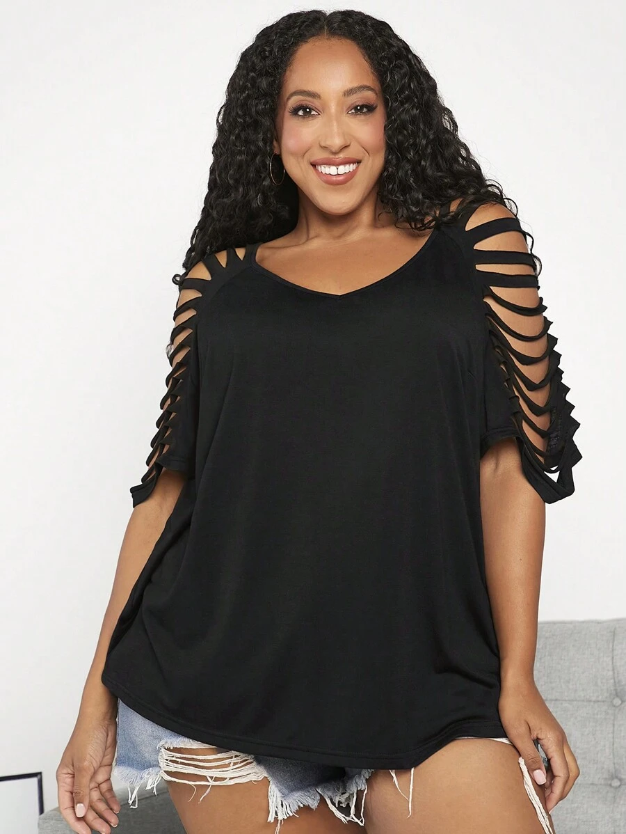 SHEIN CURVE+ Plus Size Women's V-Neck Short Sleeve Ripped T-Shirt - Black - View 1