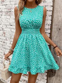 Breezaya Sleeveless Vest-Style Women's Dress - Waist-Cinched Shirring Design, Stone Flower Printed Fabric Slimming Midi Dress; Solid Color Spaghetti Strap Halter Neck Women's Dress