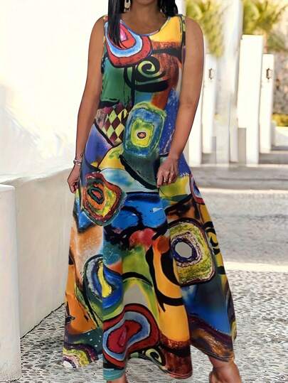 Plus Size Women's Graffiti Print Casual Sleeveless Dress