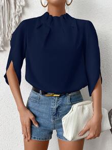SHEIN Clasi Áo sơ mi cổ đứng màu trơn có tay áo cánh hoa và xếp ly - Màu xanh hải quân - Xem 3